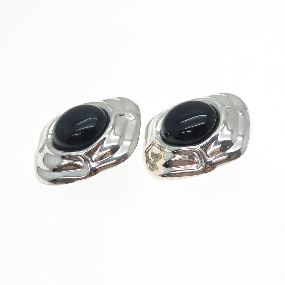 925 Sterling Silver Vintage Mexico Real Black Onyx Modernist Clip On Earrings