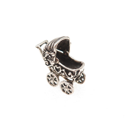925 Sterling Silver Vintage Baby Stroller Oxidized 3D Charm Pendant