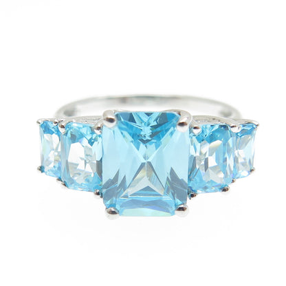 925 Sterling Silver Blue Radiant-Cut Shaped C Z 5-Stone Ring Size 7.25