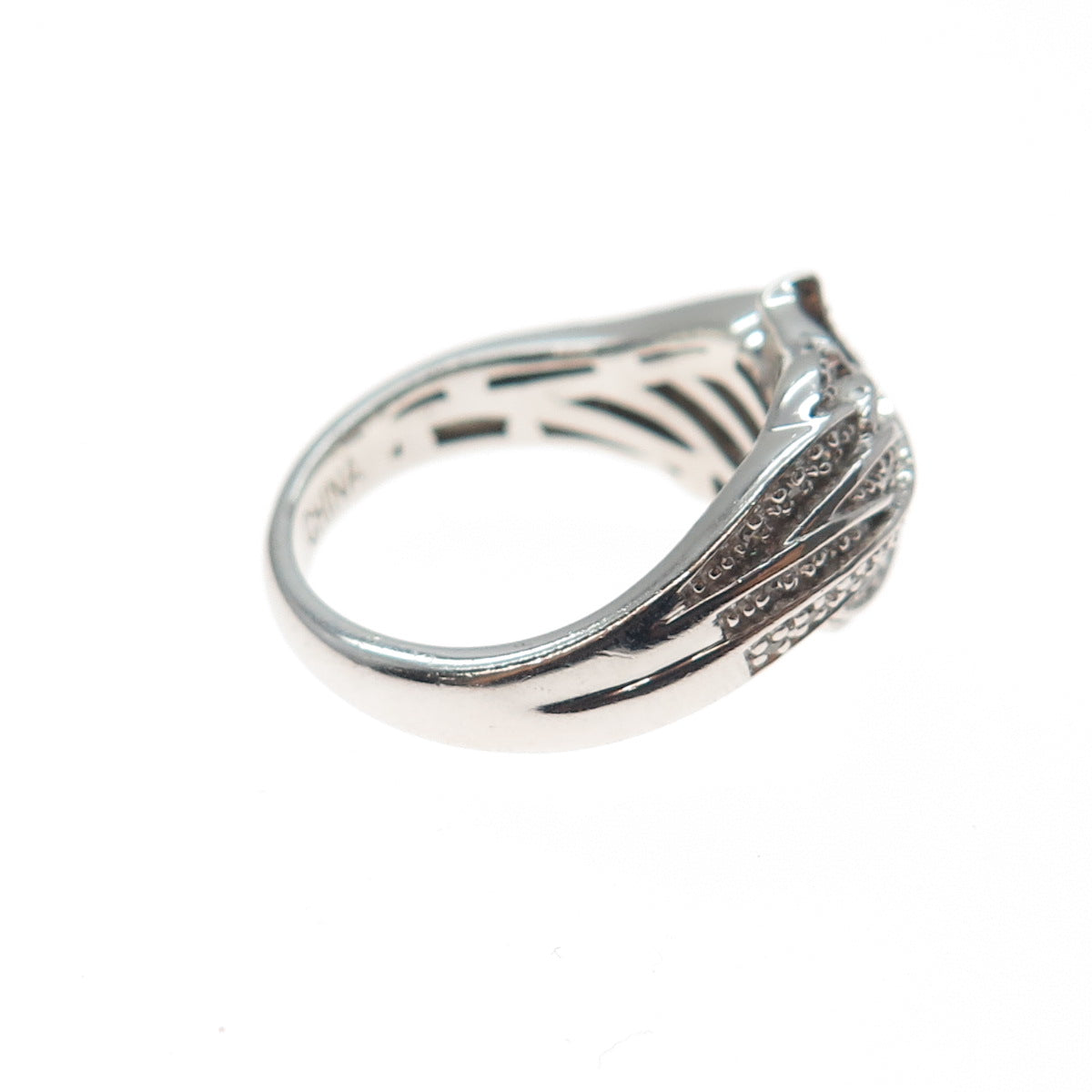 925 Sterling Silver Real Round-Cut Diamond Angel Wings Ring Size 7.25