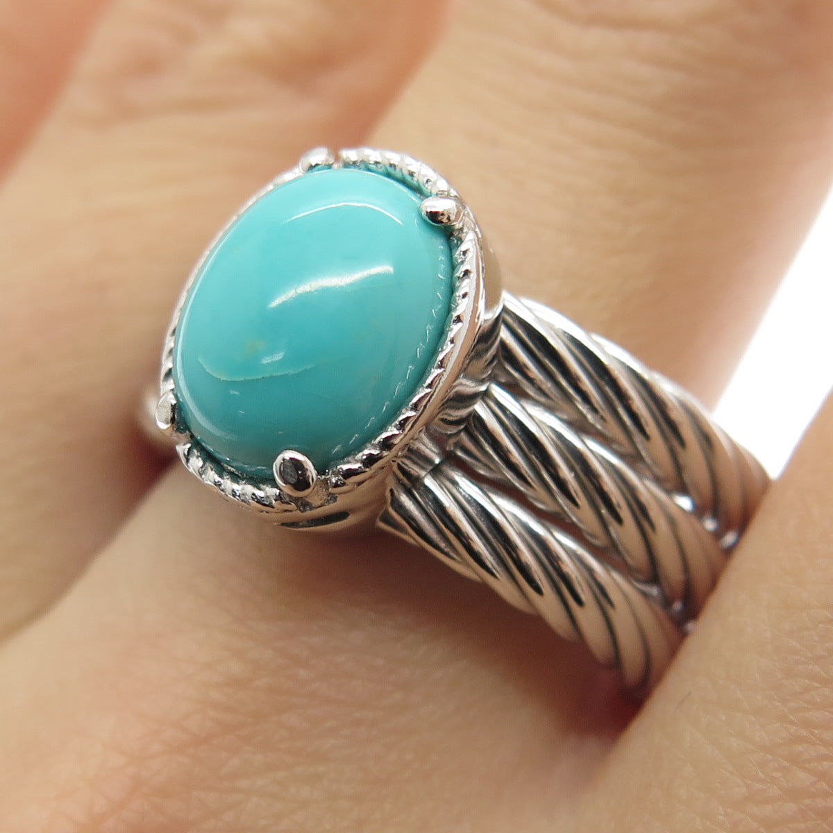 925 Sterling Silver Italy Sleeping Beauty Turquoise Gem Twisted Ring Size 6.25