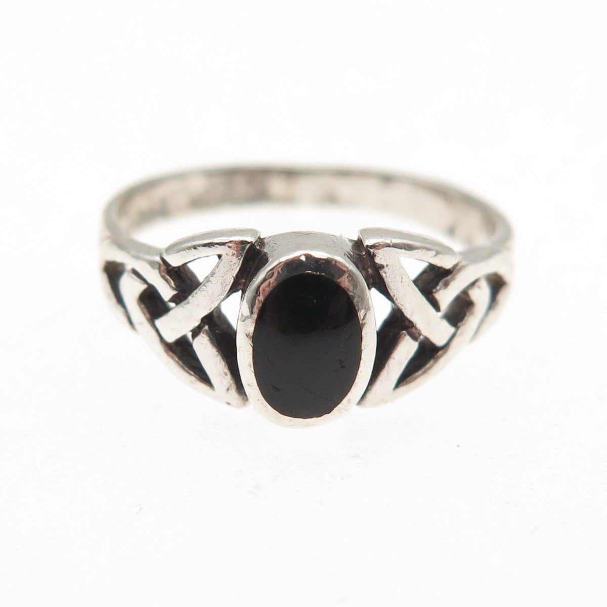 925 Sterling Silver Vintage Real Black Onyx Celtic Trinity Knot Ring Size 6