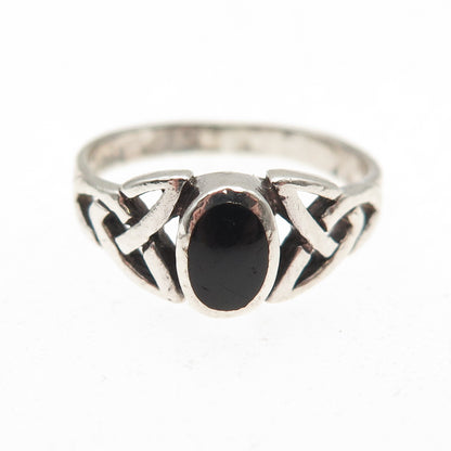 925 Sterling Silver Vintage Real Black Onyx Celtic Trinity Knot Ring Size 6
