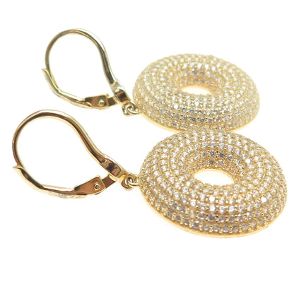 925 Sterling Silver Gold Plated Pave C Z Dangling Earrings