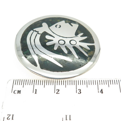 925 Sterling Silver Vintage Mexico Real Azurite Inlay Aztec Warrior Pin Brooch