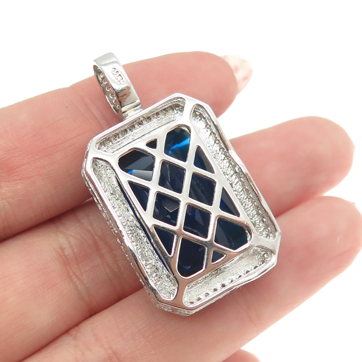 925 Sterling Silver Radiant-Cut Blue Glass & Round-Cut C Z Pendant