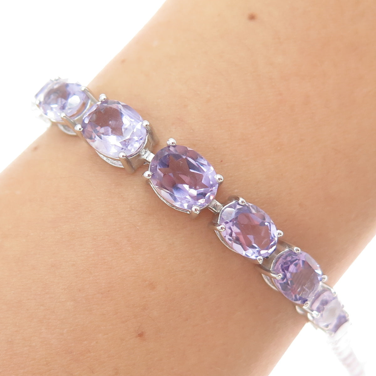 925 Sterling Silver Real Graduated Oval-Cut Amethyst Tennis Link Bracelet 7.5"