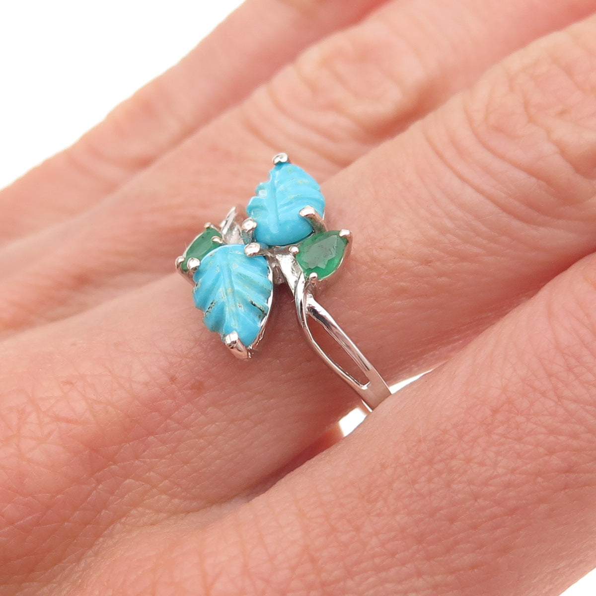 Chuck Clemency 925 Sterling Silver Real Turquoise Emerald Floral Ring Size 8.25