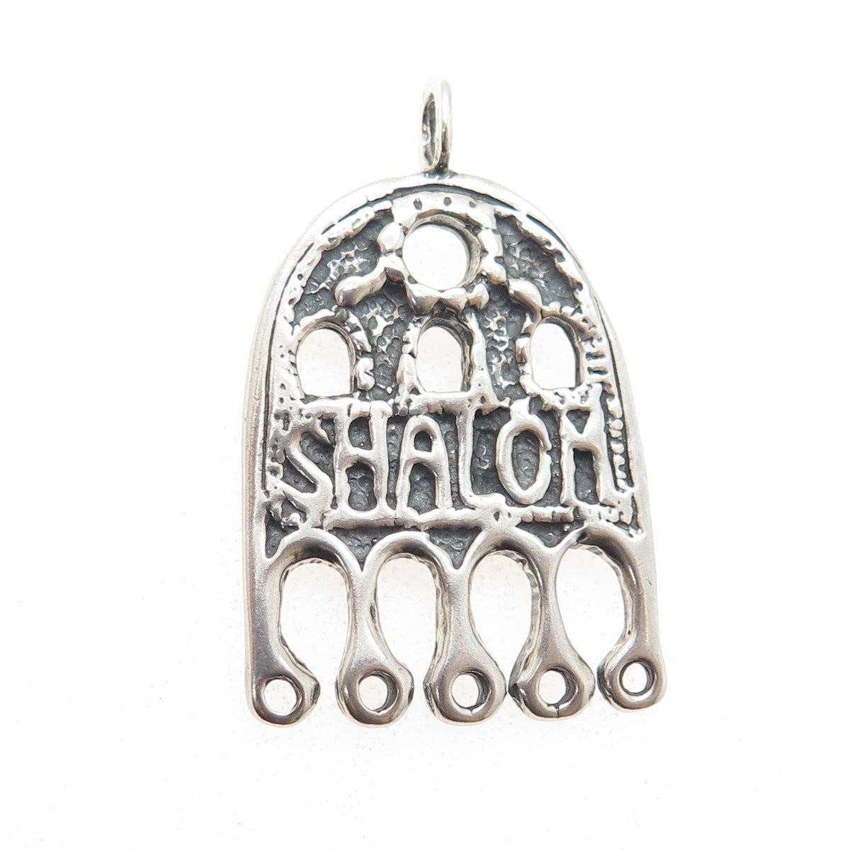 925 Sterling Silver Vintage Shalom Hamsa Hand of Fatima Judaica Pendant