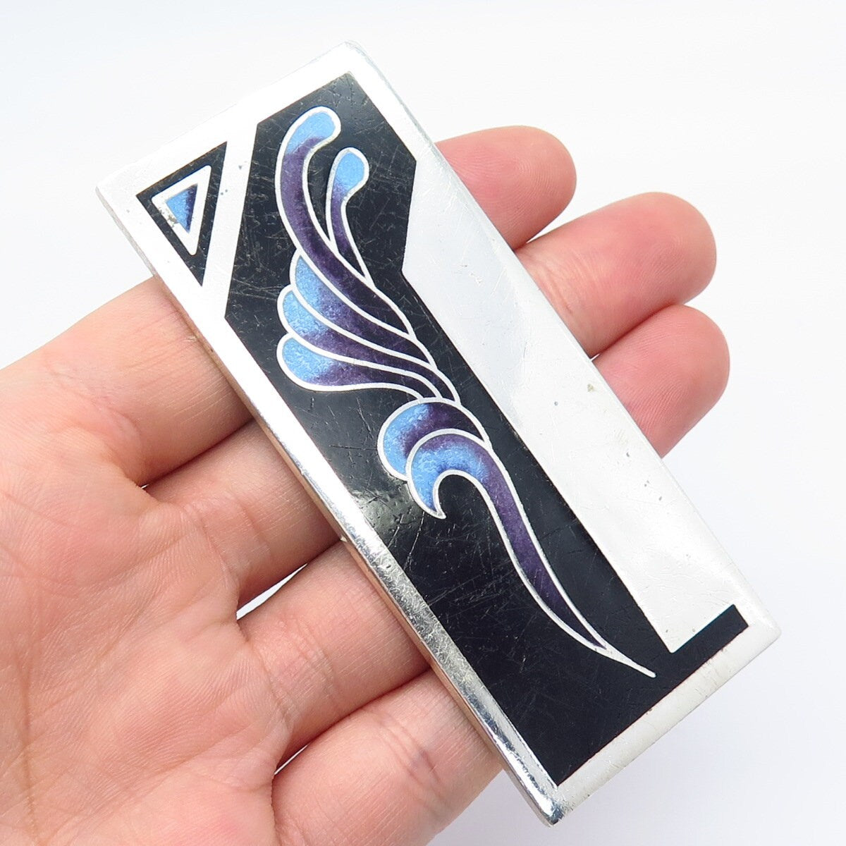 925 Sterling Silver Vintage Frida Endler Black Onyx Gem & Enamel Brooch