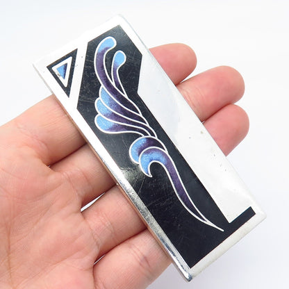 925 Sterling Silver Vintage Frida Endler Black Onyx Gem & Enamel Brooch