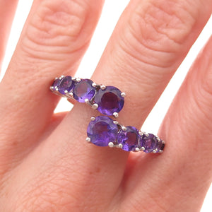 925 Sterling Silver Vintage Real Amethyst Adjustable Bypass Ring Size 9