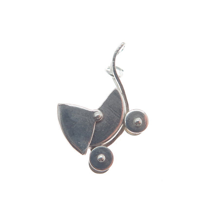 925 Sterling Silver Antique Art Deco Baby Stroller Minimalist 3D Charm Pendant