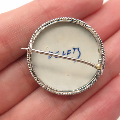 835 Silver Antique Delft Ceramic Old Windmill Round Pin Brooch