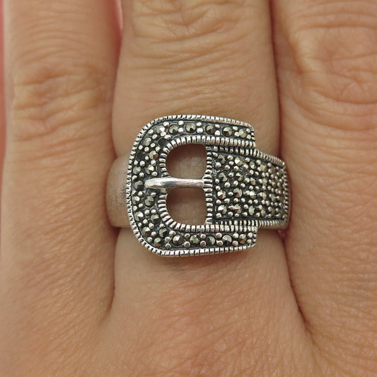 925 Sterling Silver Vintage Real Marcasite Gemstone Belt Buckle Ring Size 8