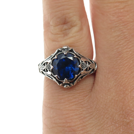 925 Sterling Silver Vintage Round-Cut Lab-Created Sapphire Ornate Ring Size 5