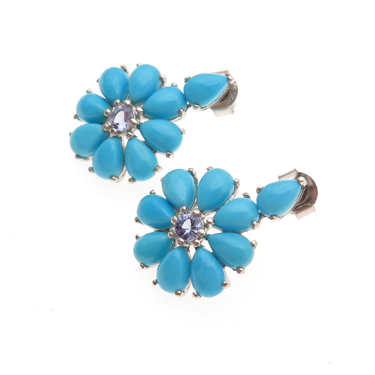 Chuck Clemency 925 Sterling Silver Real Turquoise & Tanzanite Floral Earrings