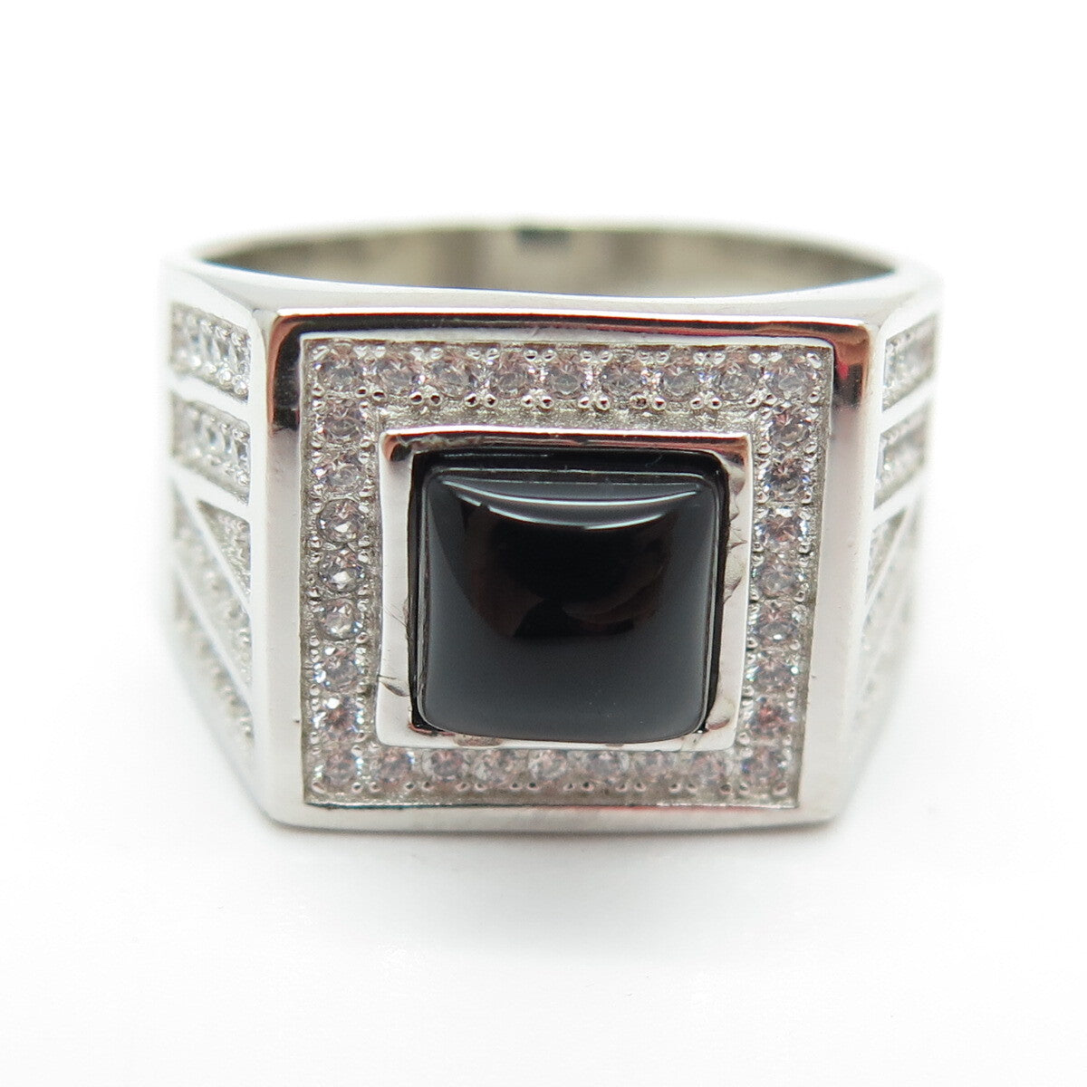 925 Sterling Silver Real Black Onyx & Round-Cut C Z Ring Size 9.25