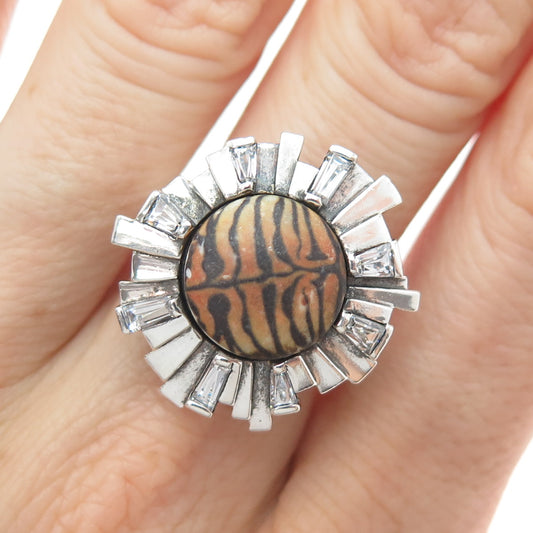 KAMELEON 925 Sterling Silver Vintage C Z & Tiger Pattern Flower Ring Size 7.25
