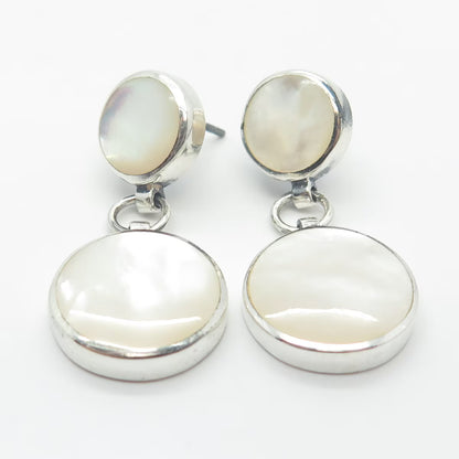 925 Sterling Silver Vintage Real Mother-Of-Pearl Round Dangling Earrings