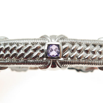 JUDITH RIPKA 925 Sterling Silver Amethyst Gem Boho Heavy Cuff Bracelet 7.5"