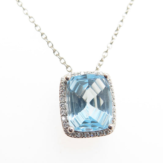 SAI 925 Sterling Silver Real Blue Topaz & C Z Cable Chain Necklace 18"