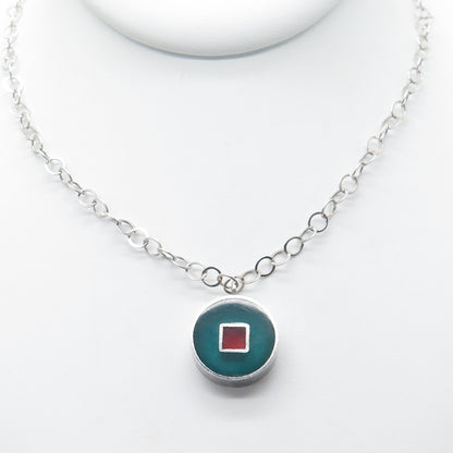 925 Sterling Silver Vintage Enamel Double Sided Pendant Rolo Chain Necklace 18"