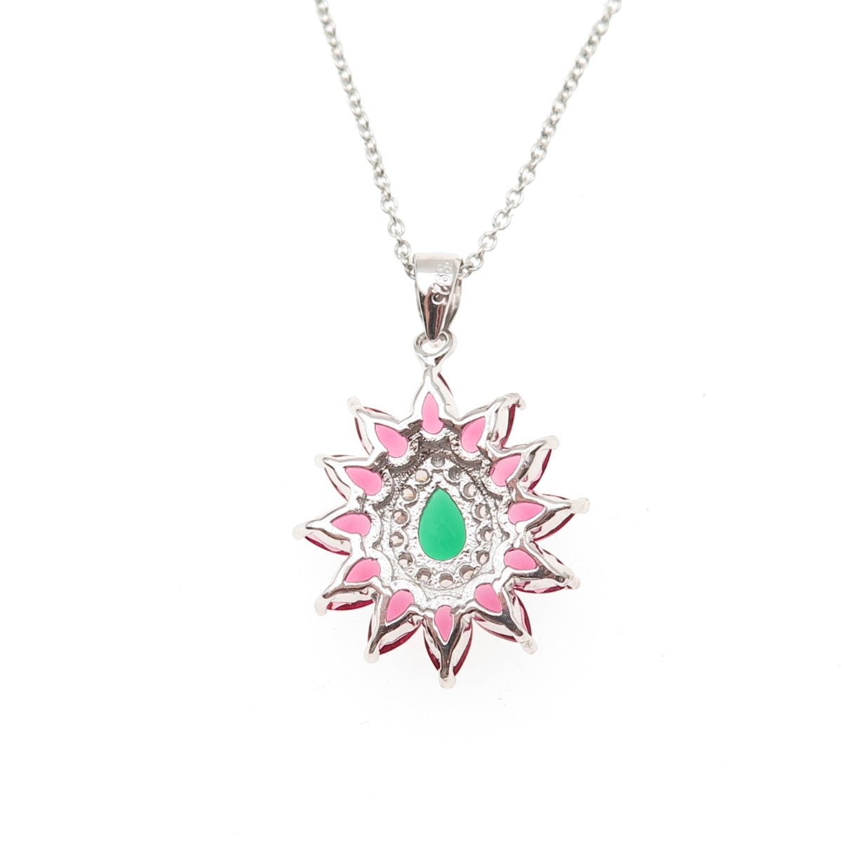 925 Sterling Silver Multi-Color C Z Floral Cable Chain Necklace 18"