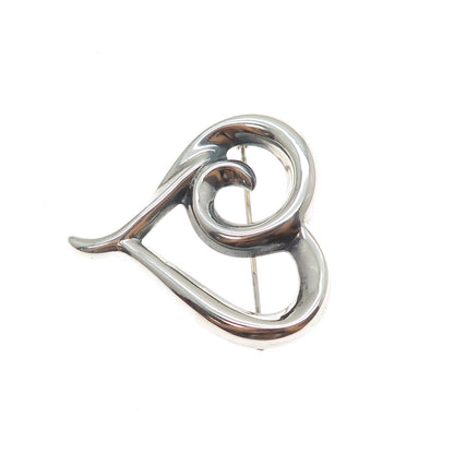 925 Sterling Silver Vintage Modernist Heart Oxidized Pin Brooch