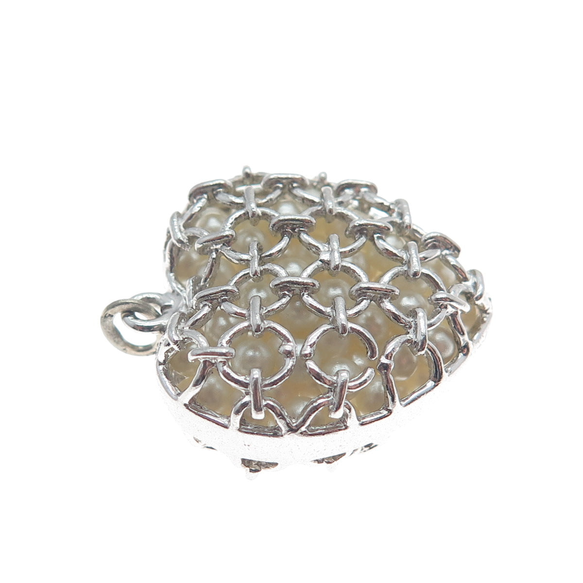 925 Sterling Silver Antique Art Deco Faux Pearl Heart Minimalist Charm Pendant