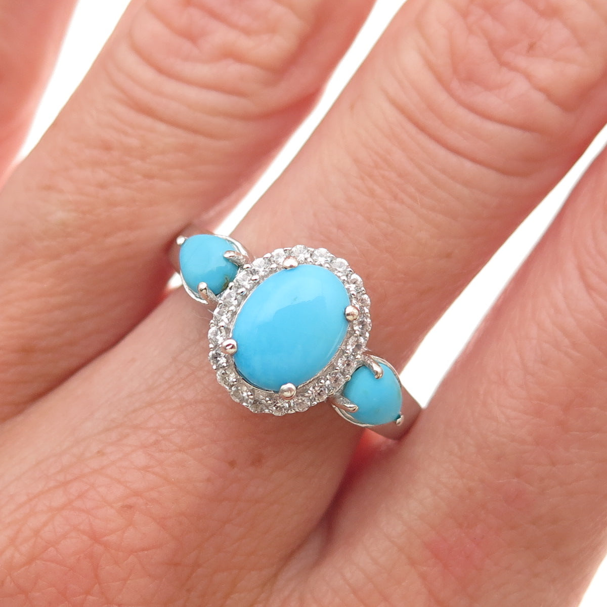 Chuck Clemency 925 Sterling Silver Real Turquoise & White Topaz Ring Size 8