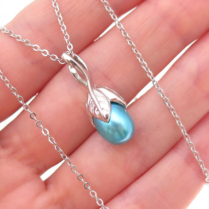 925 Sterling Silver Real Tahitian Blue Pearl Floral Cable Chain Necklace 18"