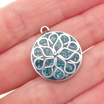 925 Sterling Silver Vintage Real Turquoise Inlay Floral Charm Pendant