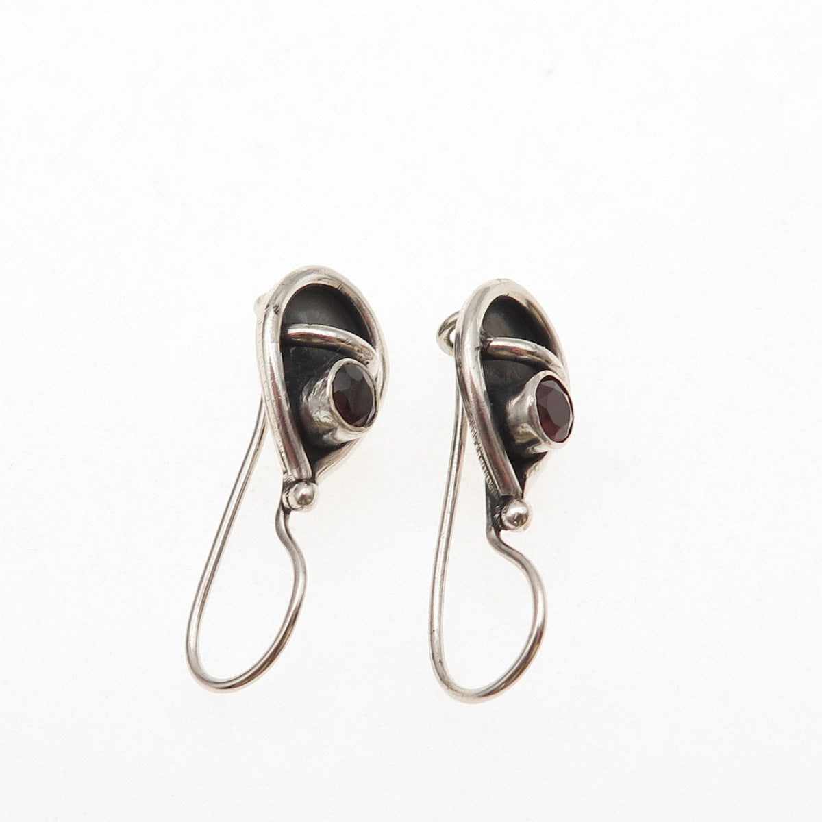 925 Sterling Silver Vintage Real Red Garnet Teardrop Oxidized Dangle Earrings