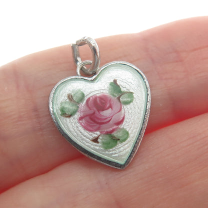 WELLS Sterling Silver Antique Enamel Rose Flower Heart Minimalist Charm Pendant