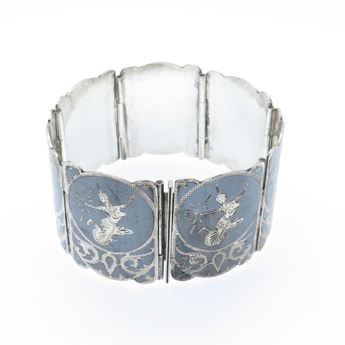 925 Sterling Silver Antique Siam Niello Hindu Goddess Panel Link Bracelet 7.25"