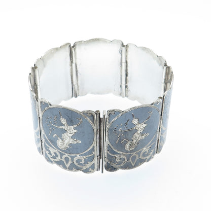 925 Sterling Silver Antique Siam Niello Hindu Goddess Panel Link Bracelet 7.25"