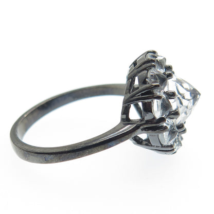 925 Sterling Silver Black Rhodium Real White Topaz Gem Cluster Ring Size 7.25