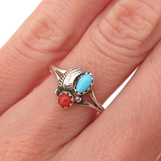 Old Pawn 925 Sterling Silver Vintage Turquoise & Coral Feather Ring Size 6.25