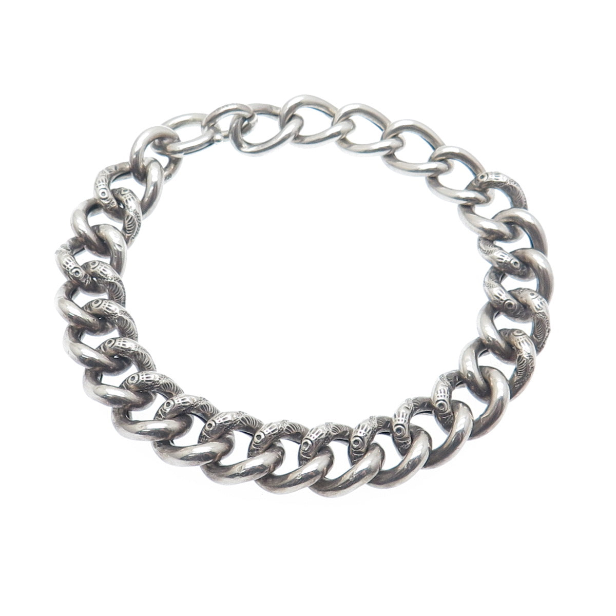 800 Silver Antique Art Deco Ornate Curb Link Oxidized Bracelet 9"