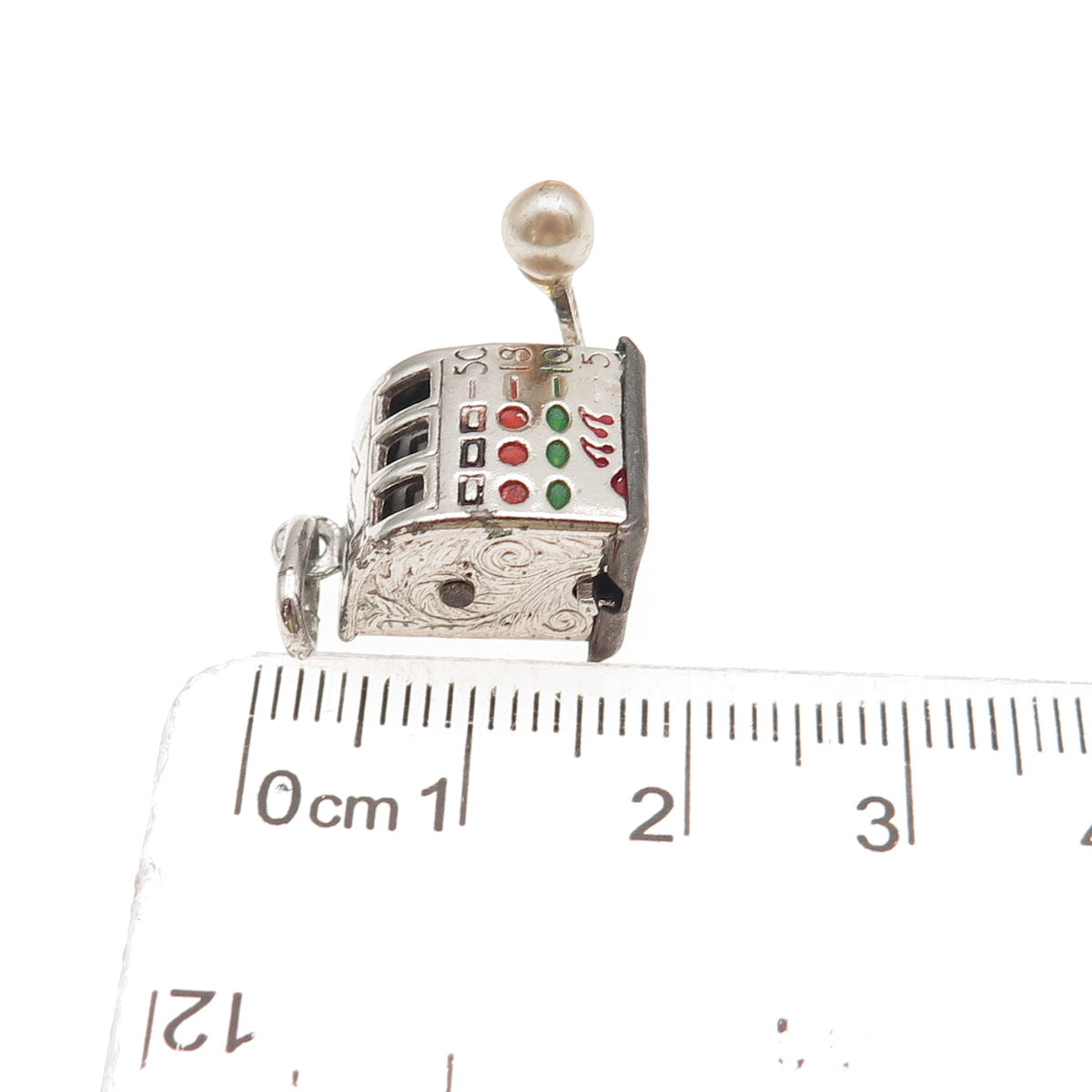 925 Sterling Antique Enamel Real Pearl Slot Machine Casino Lucky 3D Mini Pendant