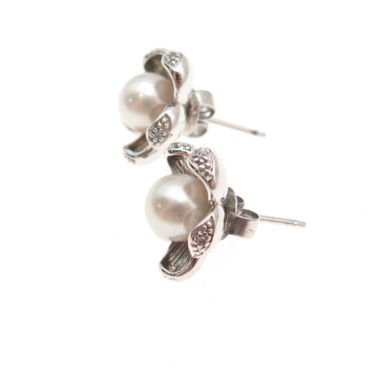 925 Sterling Silver Real Diamond & Pearl Floral Stud Earrings