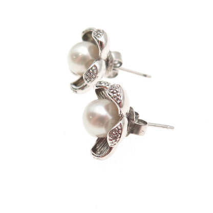 925 Sterling Silver Real Diamond & Pearl Floral Stud Earrings
