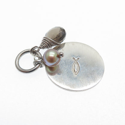 LOTUS 925 Sterling Silver Vintage Real Pearl Smoky Quartz Ichthys Charm Pendant