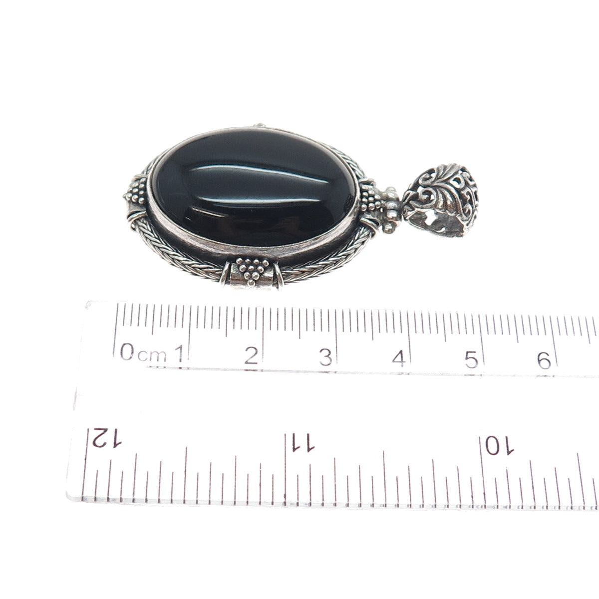 925 Sterling Silver Vintage Real Black Onyx Ornate Oxidized Pendant