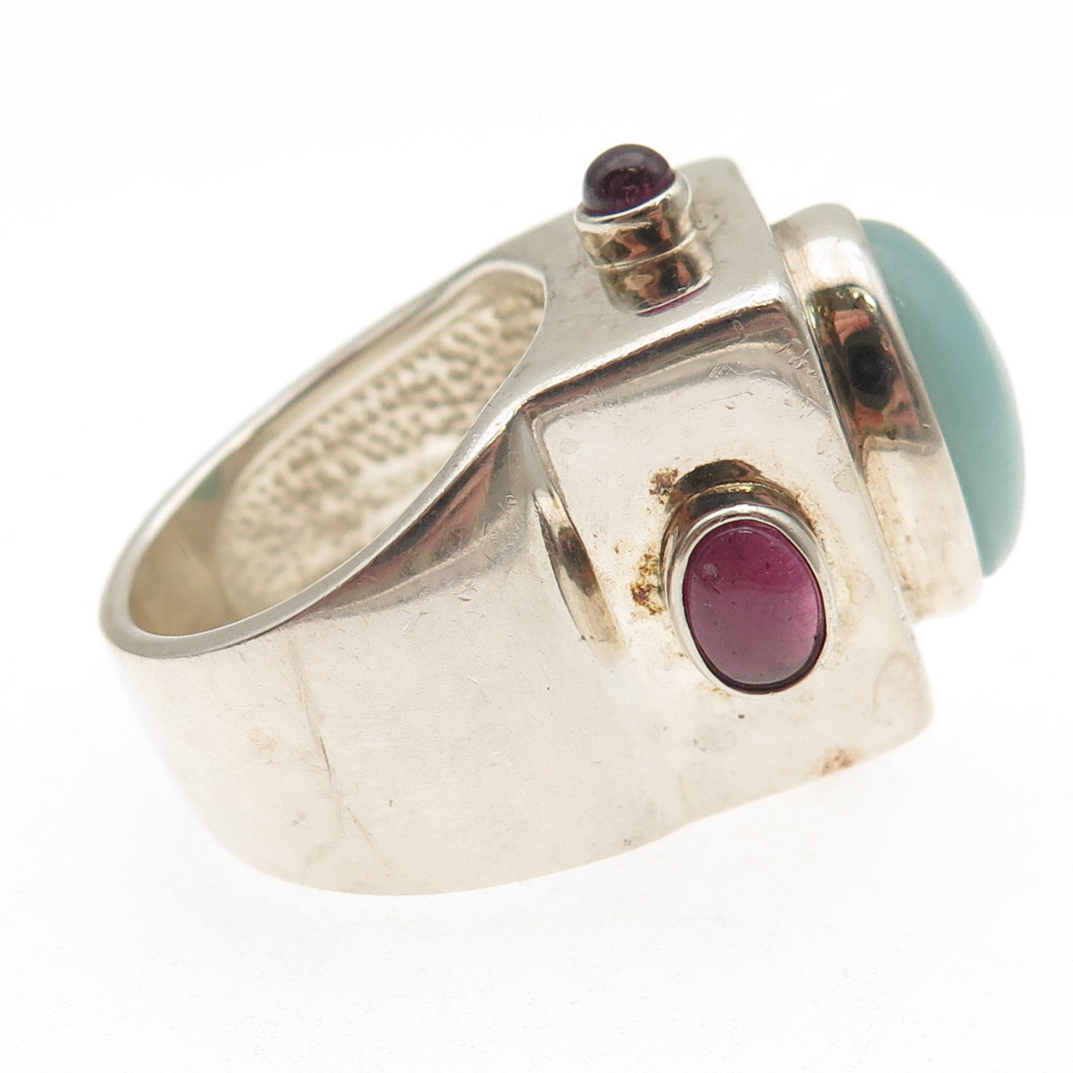M.R.F. Resources Sterling Vintage Chalcedony & Tourmaline Modernist Ring Size 7