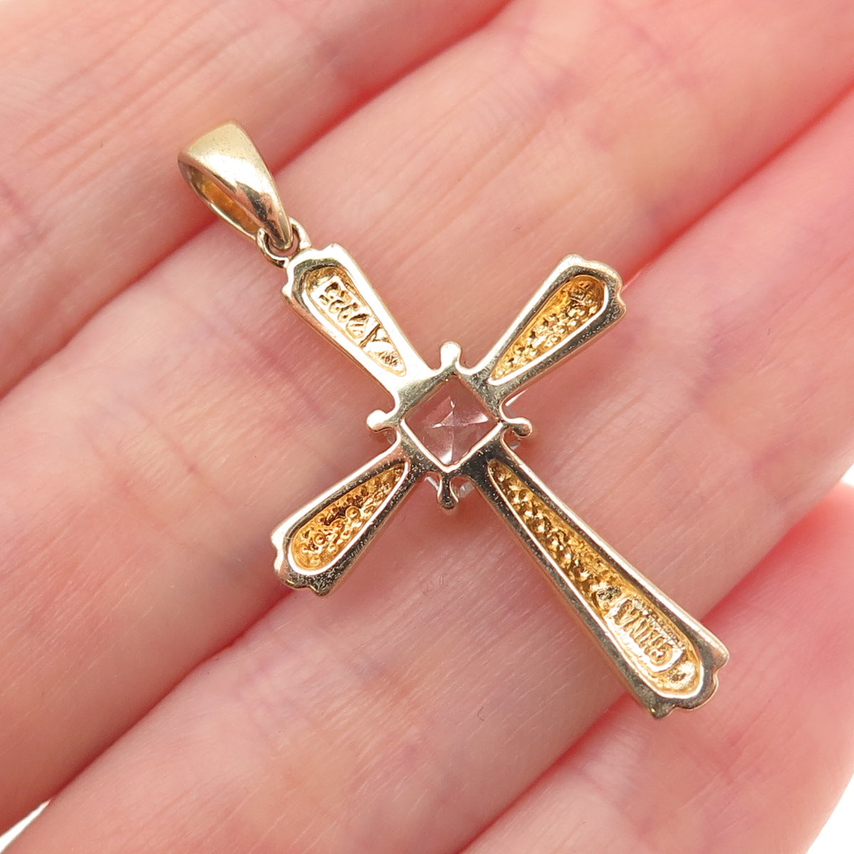 925 Sterling Silver Gold Plated Vintage Real Blue Topaz Cross Charm Pendant