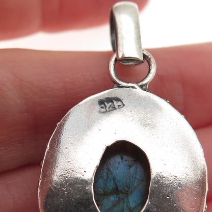 925 Sterling Silver Vintage Real Labradorite Modernist Oxidized Charm Pendant