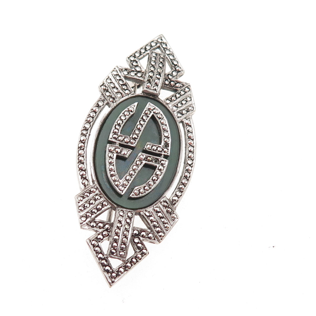 Kimler & Daniel 925 Sterling Antique Onyx Marcasite Brooch (missing 2 stones)