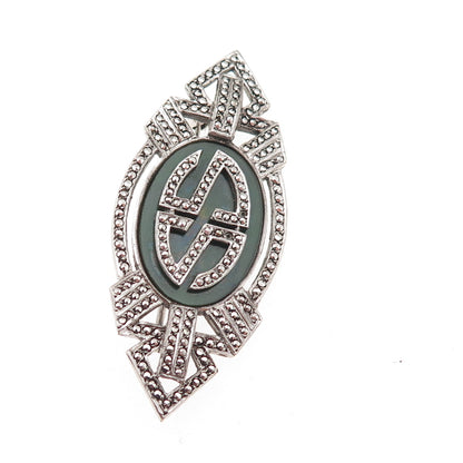 Kimler & Daniel 925 Sterling Antique Onyx Marcasite Brooch (missing 2 stones)